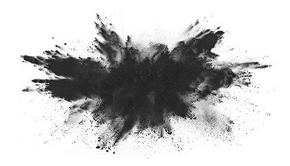 Dark gray black dust powder explosion transparent PNG, isolated background. Dynamic blast eruption, monochrome color effect