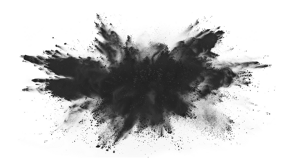 Dark gray black dust powder explosion transparent PNG, isolated background. Dynamic blast eruption, monochrome color effect