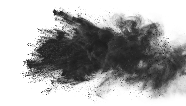 Dark gray black dust powder explosion transparent PNG, isolated background. Dynamic blast eruption, monochrome color effect