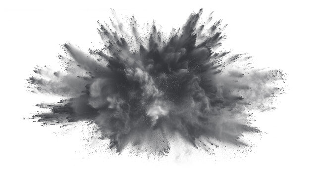 Light gray dust powder explosion transparent PNG, isolated background. Dynamic blast eruption, monochrome color effect
