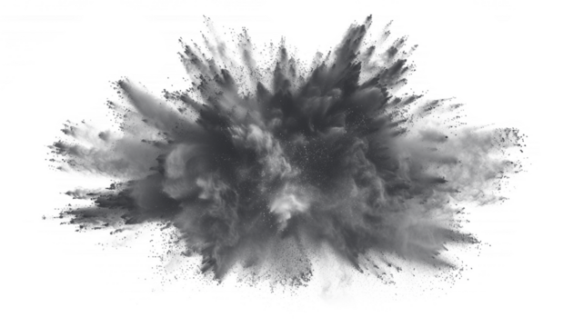 Light gray dust powder explosion transparent PNG, isolated background. Dynamic blast eruption, monochrome color effect