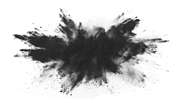 Dark gray black dust powder explosion transparent PNG, isolated background. Dynamic blast eruption, monochrome color effect