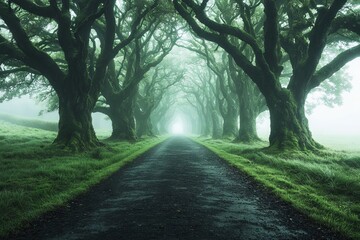 Fototapeta premium Dark Hedges tree tunnel in fog. A natural Irish landmark shrouded in mystery.
