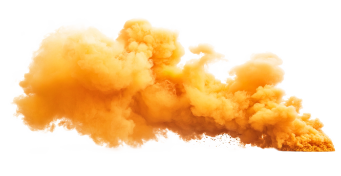 Yellow smoke cloud transparent PNG, isolated background cutout. Sulfur color thick smoke bomb screen effect