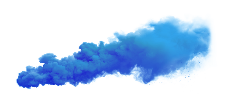 Blue smoke cloud transparent PNG, isolated background cutout. Thick color smoke bomb screen effect