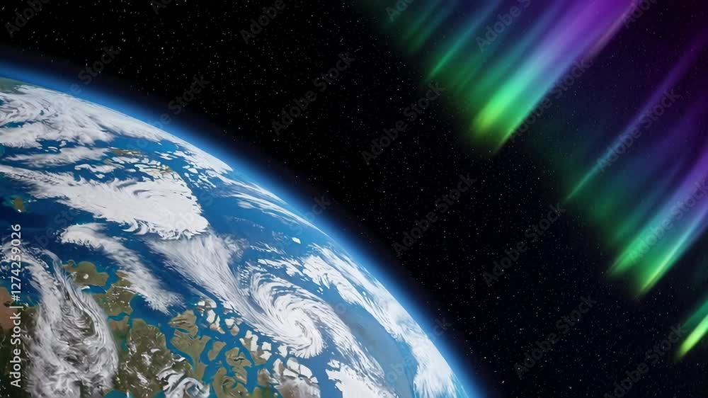 Poster Planet earth slowly rotates in space with an aurora borealis visible on the horizon, showing continents, oceans, and swirling cloud formations