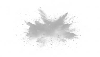 White gray dust powder explosion transparent PNG, isolated background. Dynamic blast eruption, monochrome color effect