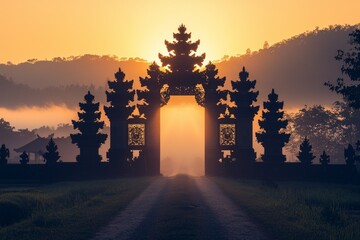 Balinese gate at sunrise, with pathway leading through the Asian landscape.
