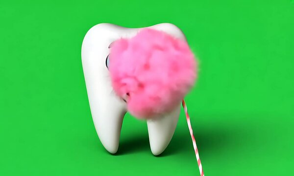 Cotton candy stuck in tooth, green screen, dental hygiene