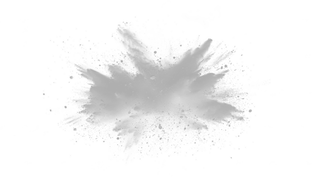 White gray dust powder explosion transparent PNG, isolated background. Dynamic blast eruption, monochrome color effect