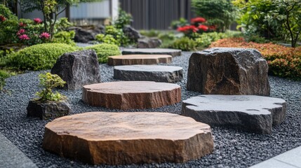 Obraz premium Serene garden pathway featuring wooden stepping stones amidst lush greenery and vibrant flowers