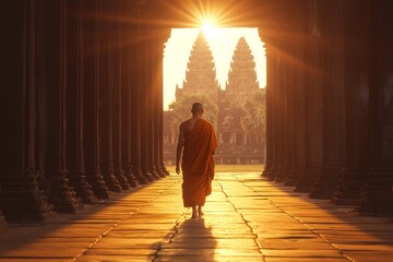 Monk walking towards temple at sunrise. Ancient architecture and spiritual journey.
