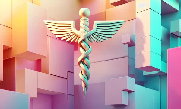 Caduceus symbol set against an abstract medical background with sleek, geometric shapes and subtle lighting effects.