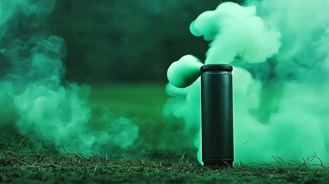 A smoke grenade lying on a foggy battlefield, releasing vibrant green smoke that blends with the mist, creating a surreal and mysterious atmosphere