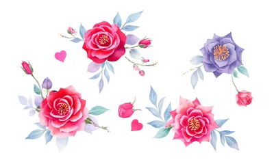Romantic Watercolor Pink and Purple Roses with Hearts in Elegant Cluster Arrangement