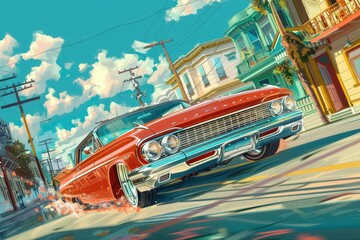 Classic lowrider car parked on a colorful street in Mexico during bright daylight hours showcases vibrant local culture and automotive artistry