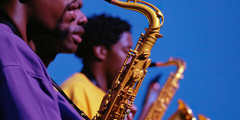 Two Saxophonists Playing Gold Saxophones Outdoors