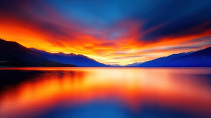 Fototapeta premium A breathtaking sunset over a calm lake, reflecting vibrant colors of orange, red, and blue. The serene landscape showcases majestic mountains, creating a peaceful natural scene.