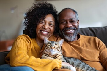 Fototapeta premium Portrait of a smiling multicultural couple in their 40s relaxing with their cat on the sofa