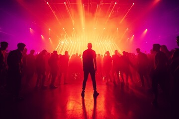 Fototapeta premium Crowd at an event with stage lights, silhouette of performer in foreground.