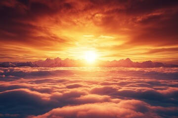 Fototapeta premium Alpine Sunset: Mountains pierce a sea of clouds bathed in warm light at sunset.