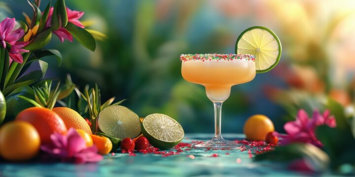 Refreshing tropical cocktail with vibrant fruits and flowers on a sunny table setting