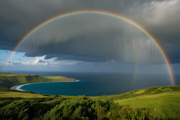 Naklejka premium A vibrant rainbow arches over a lush green valley, with the deep blue ocean stretching in the background under a cloudy sky.