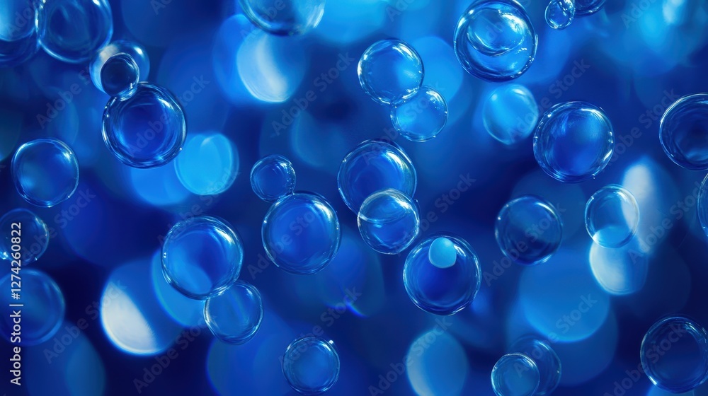 Poster a stunning close-up of blue bubbles floating in a liquid environment, creating an enchanting and tra