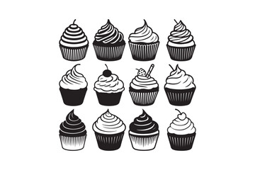 Cupcake Silhouette and Outline Clipart Set