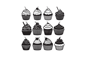 Cupcake Silhouette and Outline Clipart Set
