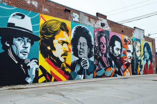 Colorful urban mural featuring famous musicians in a lively alley in a city, showcasing creativity and culture during the afternoon