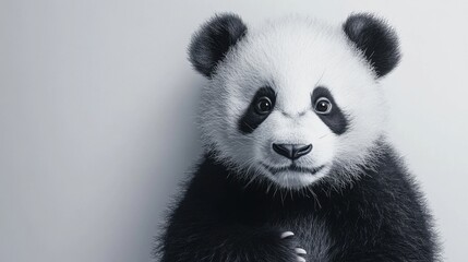 Obraz premium Panda bear sitting on a wooden table in a natural setting with greenery around