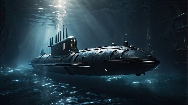 A dark submarine glides quietly through deep blue ocean waters,