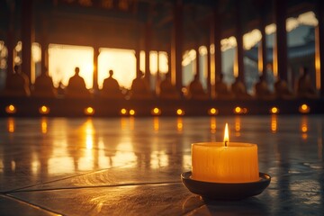 Illuminated candle in temple with monks meditating, a tranquil scene of enlightenment.