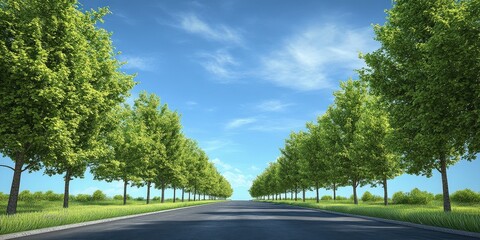 Sunny road, trees, blue sky, summer landscape, travel background