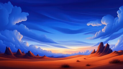 A breathtaking desert landscape featuring vibrant orange sand dunes under a dramatic sky filled with dynamic blue and white clouds at sunset. Perfect for nature-themed projects.