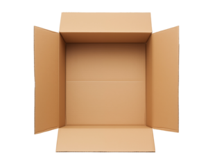 An open cardboard box isolated on a transparent background, viewed from the top. Generative ai