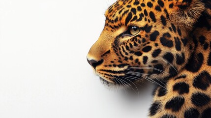Obraz premium Close up view of a leopard head on a white wall with detailed fur texture and features