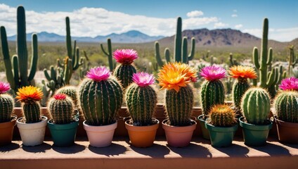 Colorful blooming cacti on the windowsill