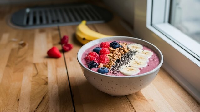 A vibrant smoothie bowl arranged on a wooden countertop near a window. The bowl is filled with a pink smoothie base and topped with fresh raspberries, blueberries, banana slices, granola, chia seeds