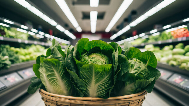 Fresh romaine lettuce on display at a grocery store, symbolizing healthy eating and organic lifestyle.