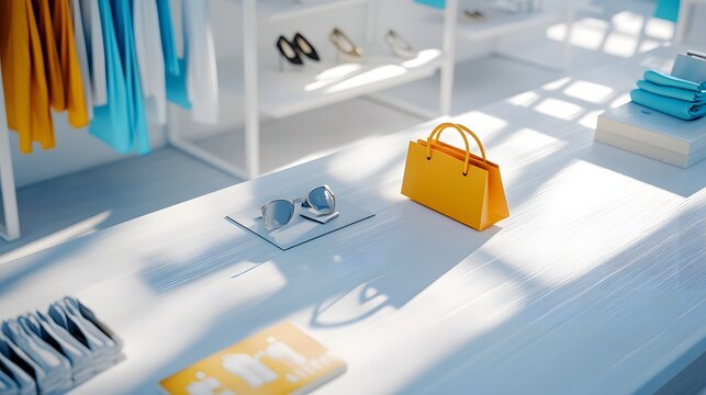 A visually appealing display of trendy fashion accessories in a bright boutique with modern design and vibrant colors.