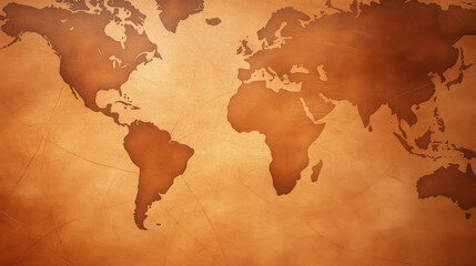 An artistic depiction of a vintage world map on textured paper, showcasing continents and oceans in earthy tones. Perfect for travel themes, exploration, and geography projects.