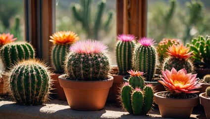 Colorful blooming cacti on the windowsill