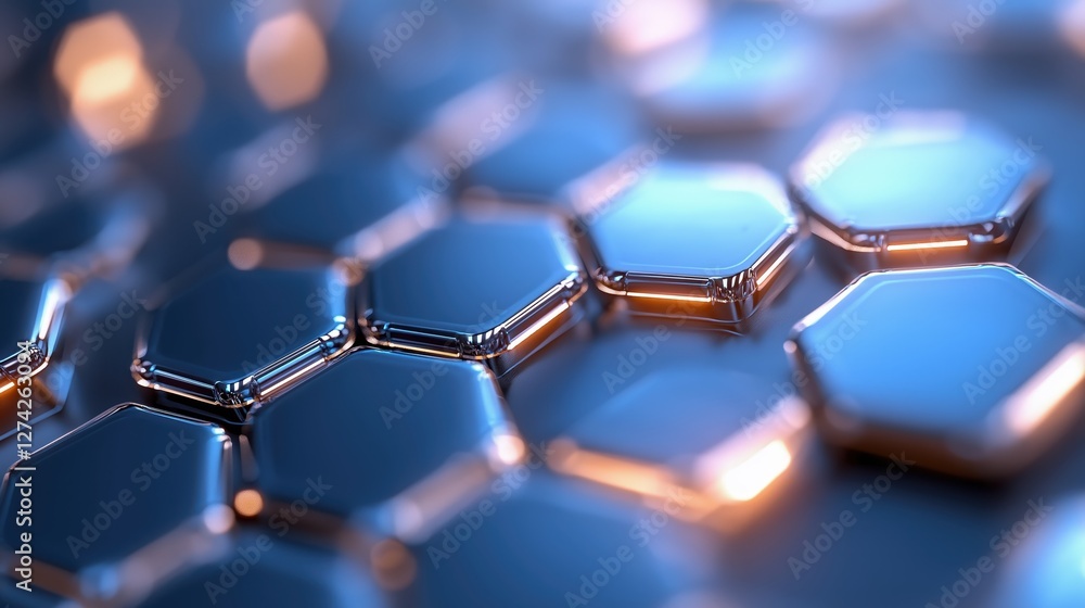 Poster futuristic tech-inspired pattern featuring blue and silver interconnected hexagons with ample copysp