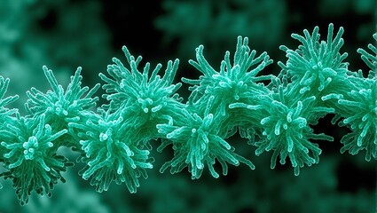 Microscopic cyanobacteria cluster rotating intricate filamentous shapes with visible individual cells