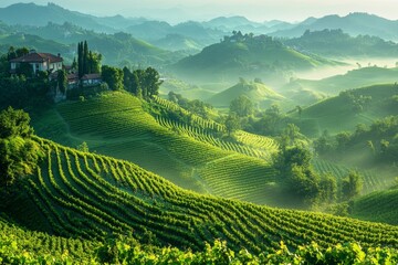 Fototapeta premium Vast green tea plantation in rolling hills under soft sunlight