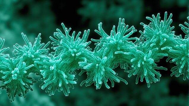 Microscopic cyanobacteria cluster rotating intricate filamentous shapes with visible individual cells
