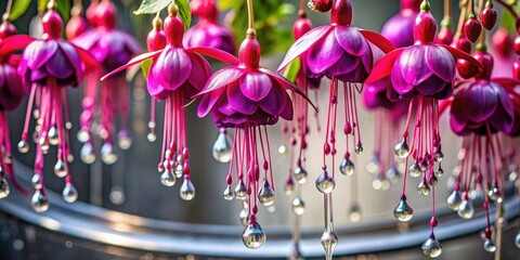Fototapeta premium fuchsia flowers dripping from a metal sculpture, colorful flowers, artistic expression