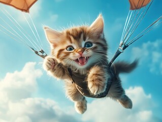 Cute fluffy kitten with a smile on his face, flying in the sky on a parachute. Children's funny 3D illustration.